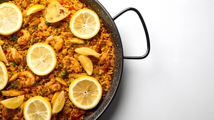 Close-up shot of a paella dish topped with lemon slices. The paella is in a large, traditional pan.