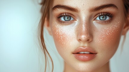 Close-up beauty portrait of young woman with glowing glitter makeup