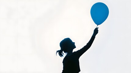 A silhouette of a person holding a blue balloon against a bright sky, symbolizing freedom and aspiration. The figure reaches upward, with the balloon floating gracefully