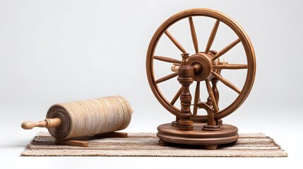 An antique spinning wheel stands beside a roll of yarn. It has a classic wooden design with an intricate wheel and a spindle