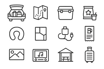 Travel icons set: suitcase, map, cooler, ticket, headphones, music, picnic, camera
