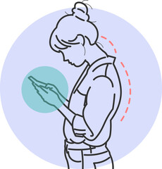 Woman with hunched posture due to using cell phone
