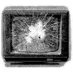Creepy Halloween old broken tv collage element with vintage stippling photocopy effect. Retro vector illustration for psychedelic surreal poster, with experimental grunge dotted texture