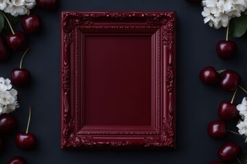 Baroque Cherry Coded Aesthetic Frame Flatlay – Ornate Glossy Red Picture Frame Surrounded by Fresh Cherries and White Blossoms on Black