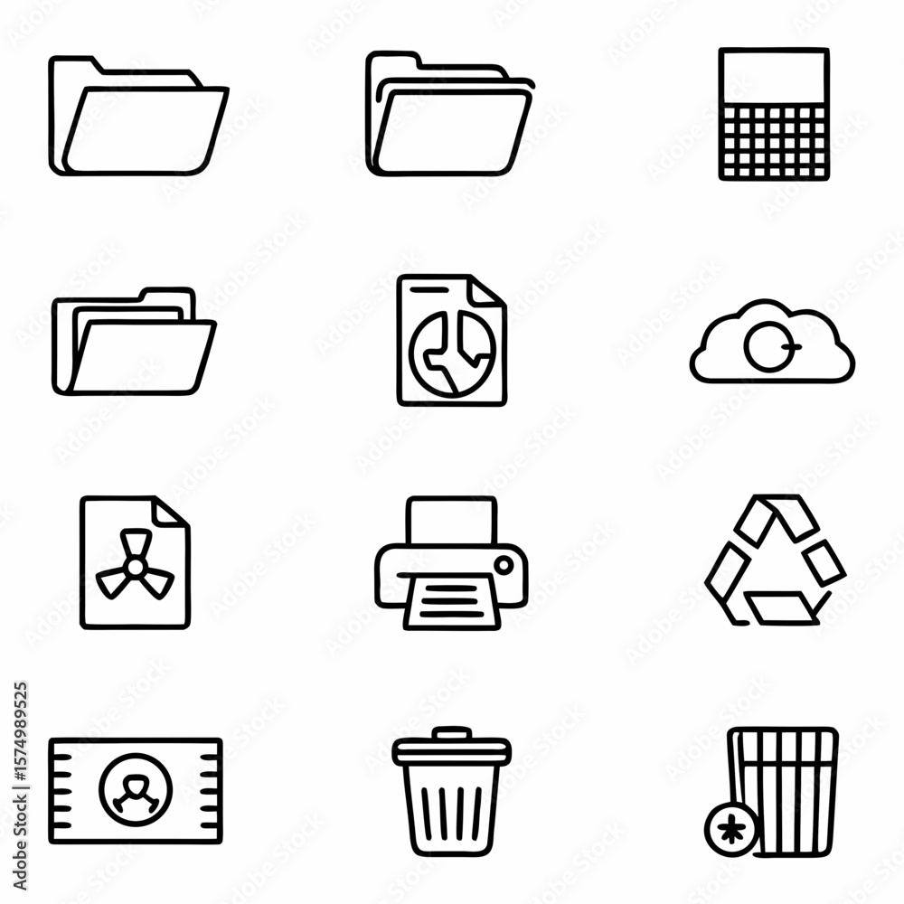 Fototapete Outline office icons file folder printer recycle bin cloud data graph business card trash can set vector