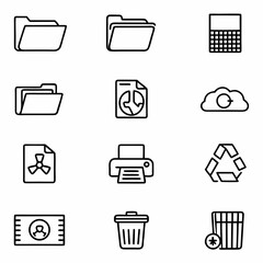 Outline office icons file folder printer recycle bin cloud data graph business card trash can set vector