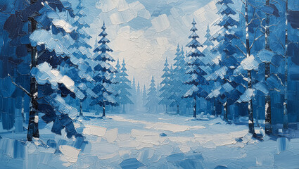 Artistic blue and white abstract background with snowy forest theme
