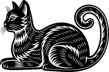 Stylized sitting cat silhouette with a prominent curled tail