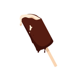 Melting bitten chocolate popsicle on wooden stick, ice cream drops flow down from brown bar with glaze. Summer sweet tasty dessert melt, soft delicious popsicle for heat cartoon vector illustration