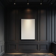 Elegant dark paneling and a blank canvas create a sophisticated, minimalist interior scene for art or design mockups.