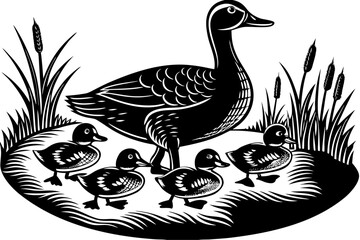 Mother duck silhouette leading ducklings in a line