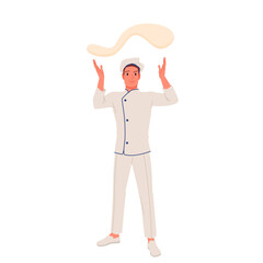 Italian pizza chef tossing dough in kitchen. Happy man in restaurant or bakery uniform and hat standing, professional baker flipping flatbread to make traditional pizza cartoon vector illustration