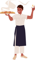 Italian pizza chef or waiter holding tray of hot fresh pizza with steam. Female pizzaiolo in apron and hat standing with wooden plate in hands, woman carrying snack