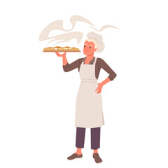 Italian pizza chef or waiter holding tray of hot fresh pizza with steam. Female pizzaiolo in apron and hat standing with wooden plate in hands, woman carrying snack cartoon vector illustration