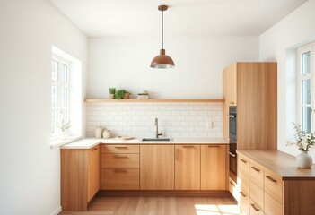 Scandinavian kitchen with beech wood cabinets and subway tiles
