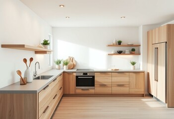 Fototapeta premium Airy Scandinavian kitchen with ash wood elements and concrete countertops