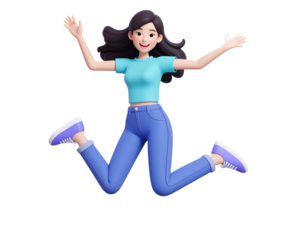 Joyful Cartoon Girl Jumping, Happy, 3D Render, Fashionable isolated