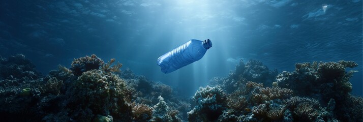Fototapeta premium Plastic bottle floating above coral reef with sunlight streaming underwater