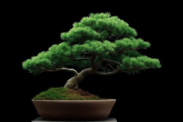 Lush green bonsai pine tree against black background in round pot