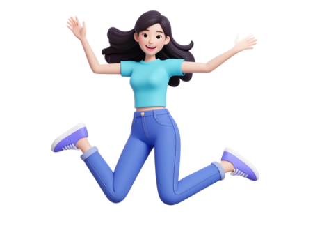 Joyful Cartoon Girl Jumping, Happy, 3D Render, Fashionable isolated 