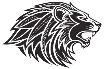 Bold tribal lion head graphic with sharp edges and vibrant colors