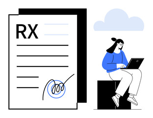 RX form with signature alongside seated woman using a laptop against soft cloud backdrop. Ideal for healthcare, telemedicine, electronic records, e-prescriptions, online consultation, technology