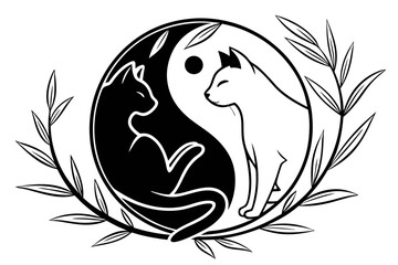 Stylized black and white yin yang cat with abstract elements