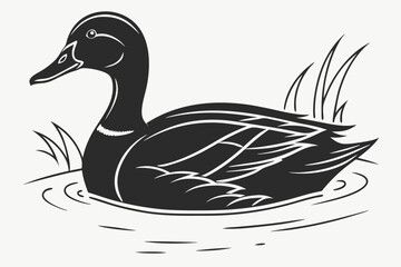 Solid black silhouette of a duck gracefully floating on water