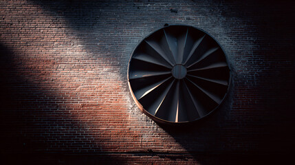 Large industrial ventilation fan on brick wall under dramatic lighting, suitable for architectural, sci-fi. metal, air, vent, machinery, heavy, mechanical, dark, urban, equipment, infrastructure