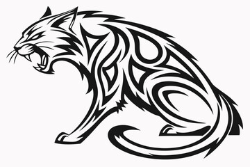 Fierce black tribal style cat illustration with bold lines
