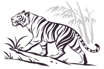 Artistic sumi e style black brush tiger in dynamic pose