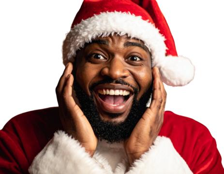 Man in Santa Claus Suit Expressing Happy Surprise with Hands on Face
