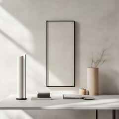 Minimalist interior styling featuring a blank framed artwork, soft light, books, and decor against a textured wall