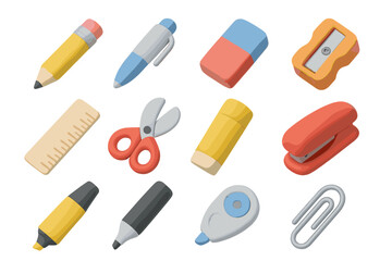 Colorful 3d stationery set with pencil, scissors, ruler, pen, eraser, sharpener