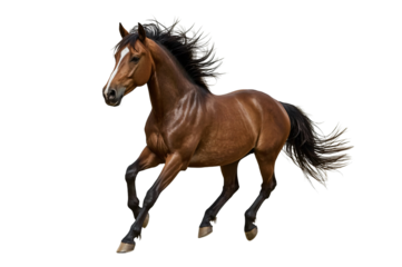 Brown horse running, mane flowing, dark background, equine art