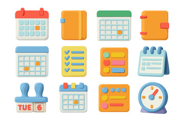 Colorful 3d calendar icons and planner elements for organizing and scheduling