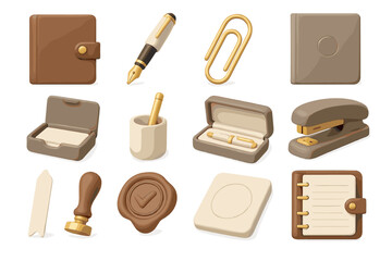 Office supplies collection with stationery elements in neutral tones