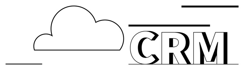 Cloud outline next to bold CRM letters with abstract lines. Ideal for technology, cloud computing, customer relationship, software, business tools, management systems, flat simple metaphor