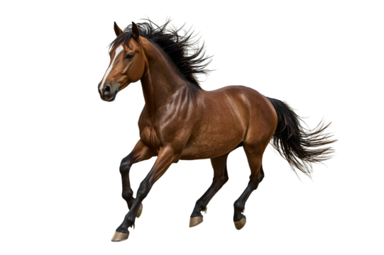 Brown horse running, mane flowing, dark background, equine art