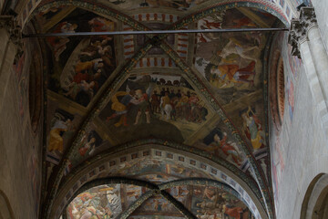 Vaulted Gothic ceiling with frescoes by Guillaume de Marcillat, depicting biblical scenes in Arezzo...