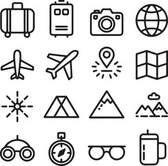 Set of travel themed web icons in black line style for design and illustration purposes