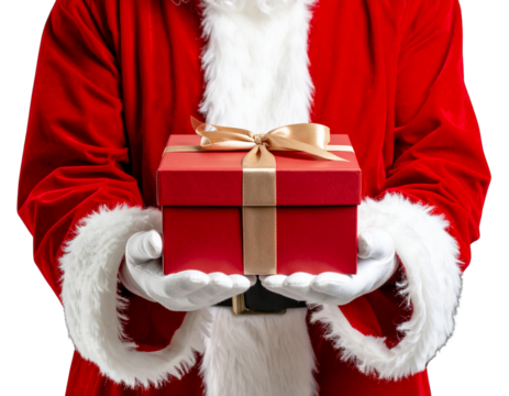 père noël en costume rouge qui tient un cadeau de noël dans les mains - fond transpar