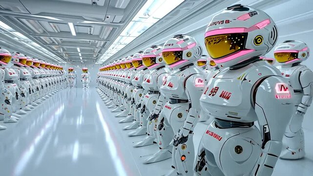 A legion of white robots stands in a futuristic facility, showcasing advanced robotics and a potential future of automation.