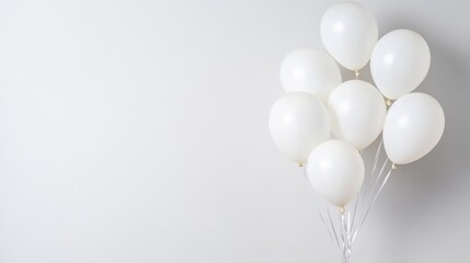 Minimal still life with white balloons levitating in front of a neutral-toned background, soft cinematic lighting adds depth.