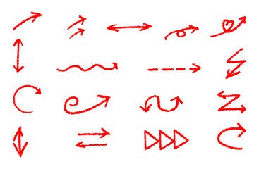 Hand drawn arrow set. Curved, straight, looped and bold sketch arrows. Red  doodle arrows for infographic and highlight. Vector illustration.