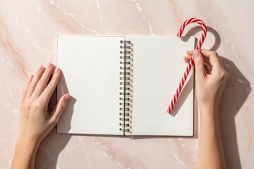 Hands holding a candy cane over an open blank notebook on a marble surface
