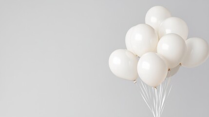 Helium balloons in white, isolated in a spacious neutral-toned room, soft atmosphere and minimalist elegance.