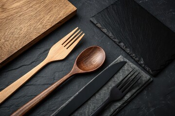 Elegant wooden and black cutlery set arranged on a dark slate surface