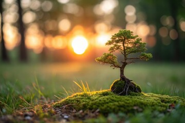 Miniature bonsai tree bathed in golden sunset light on mossy ground