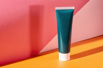 Teal cosmetic tube with white cap on a vibrant orange surface with pink background